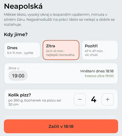 Karta „Pizza“: Neapolská k zítřejší večeři, počet pizz a kdy začít zadělávat.