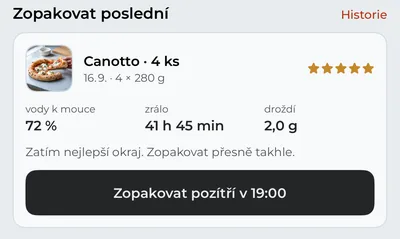 Karta „Pizza“ s částí „Zopakovat poslední“: Canotto s pěti hvězdičkami a tlačítko, které ji naplánuje znovu.