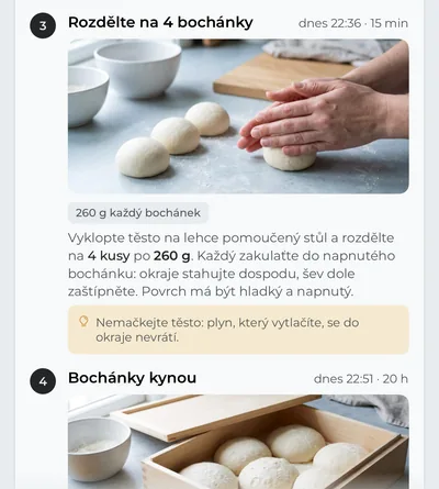 Kroky plánu, každý s časem a fotkou: dělení těsta na bochánky, váha každého bochánku, jak je vytvarovat, a tip.