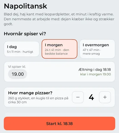Fanen Pizza: stilen Napolitansk, aftensmad i morgen, antal pizzaer, og hvornår du skal begynde at ælte.