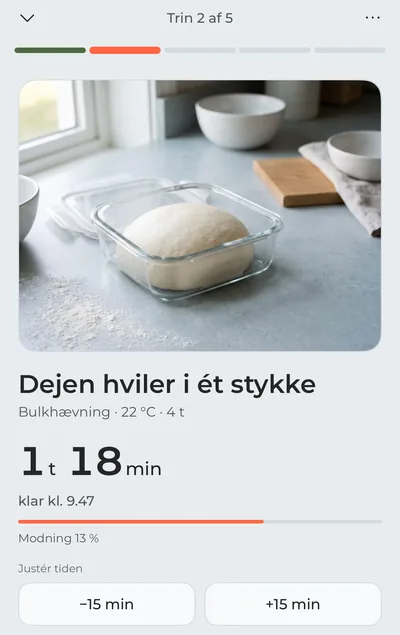 Madlavningstilstanden, mens dejen hviler: et foto af dejen i beholderen, tiden tilbage i stor skrift og knapperne „−15&nbsp;min“ og „+15&nbsp;min“.