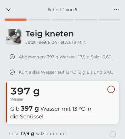 Der Kochmodus beim ersten Schritt, „Teig kneten“: Das Abwiegen und das Kühlen des Wassers sind abgehakt, im Fokus steht das Wasser, das jetzt in die Schüssel kommt, mit den Gramm in großer Schrift.