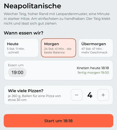 Der Tab „Pizza“: „Neapolitanische“ zum Abendessen morgen, wie viele Pizzen und wann das Kneten beginnt.