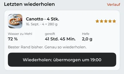 Der Tab „Pizza“ mit „Letzten wiederholen“: eine Canotto mit fünf Sternen und die Taste, die sie neu plant.