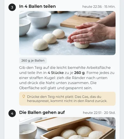 Die Schritte des Plans mit Uhrzeit und Foto: das Aufteilen in Ballen, das Gewicht jedes Ballens, das Formen und ein Tipp.