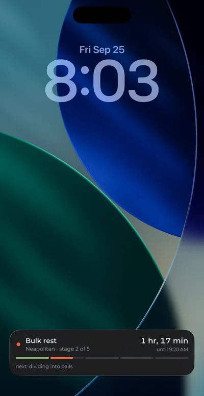 The iPhone lock screen with a Fornata Live Activity at the bottom.