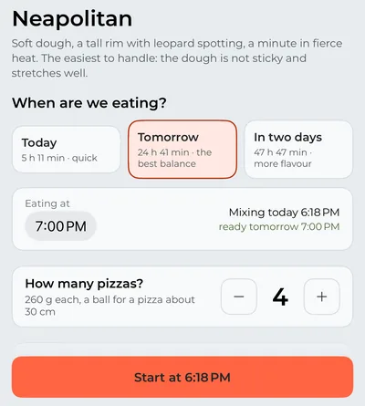 The Pizza tab: the Neapolitan for dinner tomorrow, how many pizzas, and when to start mixing.
