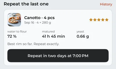 The Pizza tab with “Repeat the last one”: a Canotto rated five stars and the button that plans it again.