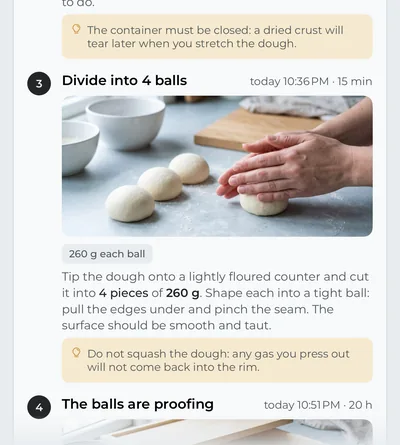 The plan’s steps with their times and photos: dividing the dough into balls, with the weight of each ball, how to shape it and a tip.