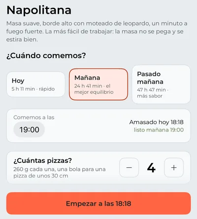 La pestaña «Pizza»: la Napolitana para la cena de mañana, cuántas pizzas y cuándo empezar a amasar.