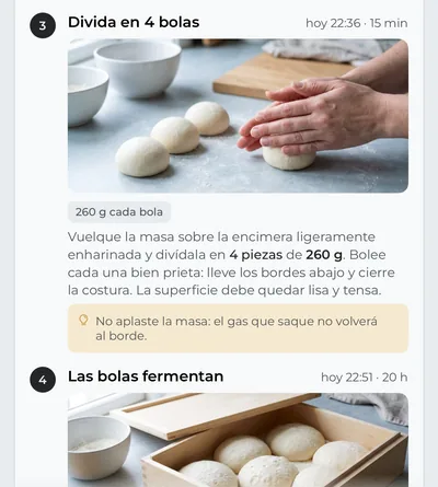 Los pasos del plan, cada uno con su hora y una foto: la división de la masa en bolas, el peso de cada bola, cómo darles forma y un consejo.