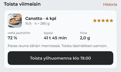 Pizza-välilehti ja ”Toista viimeisin”: viiden tähden Canotto ja painike, joka suunnittelee sen uudelleen.