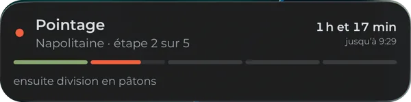 L’activité en direct agrandie : l’étape en cours, le temps restant et l’étape suivante.
