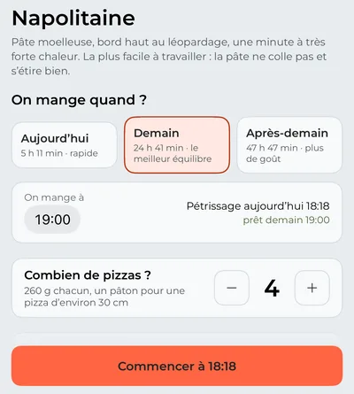 L’onglet « Pizza » : la Napolitaine pour le dîner de demain, le nombre de pizzas et l’heure où commencer à pétrir.