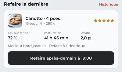 L’onglet « Pizza » avec « Refaire la dernière » : une Canotto notée cinq étoiles et le bouton qui la replanifie.