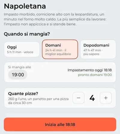La scheda «Pizza»: la Napoletana per cena domani, quante pizze e quando iniziare a impastare.