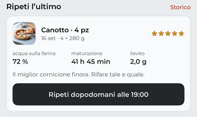 La scheda «Pizza» con «Ripeti l’ultimo»: una Canotto da cinque stelle e il pulsante che la rimette in programma.