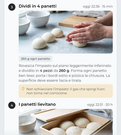 I passi del piano, ognuno con il suo orario e una foto: la divisione dell’impasto in panetti, il peso di ogni panetto, come formarli e un consiglio.