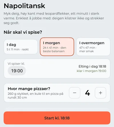 Fanen Pizza: stilen Napolitansk, middag i morgen, antall pizzaer og når du skal begynne å elte.
