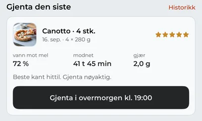 Fanen Pizza med «Gjenta den siste»: en Canotto med fem stjerner og knappen som planlegger den på nytt.