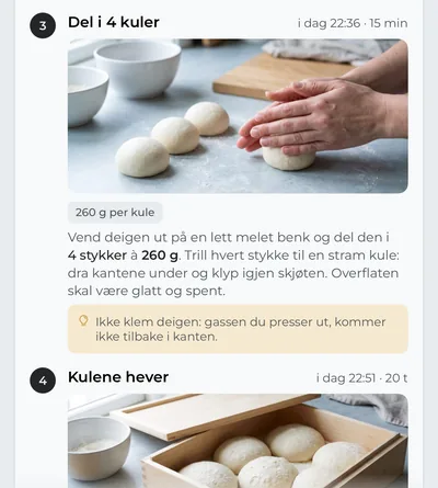 Stegene i planen, hvert med tid og bilde: å dele deigen i kuler, vekten på hver kule, hvordan du former dem, og et tips.
