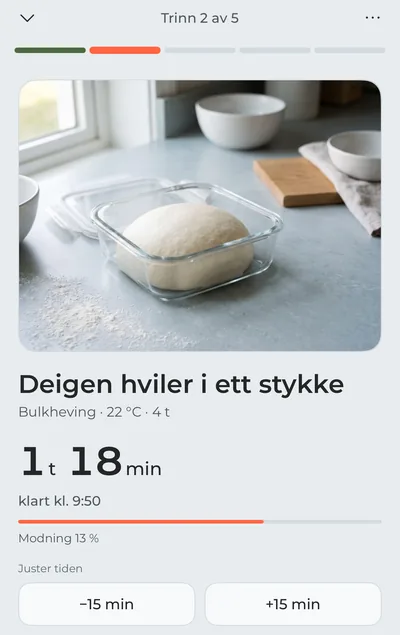 Matlagingsmodus mens deigen hviler: et bilde av deigen i boksen, tiden som er igjen i stor skrift og knappene «−15 min» og «+15 min».