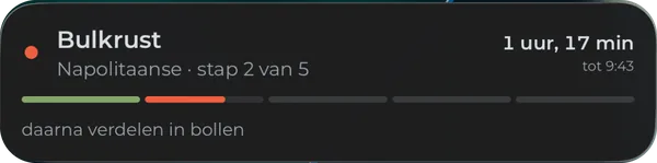 De Live activiteit uitvergroot: de lopende stap, de resterende tijd en de stap die daarna komt.