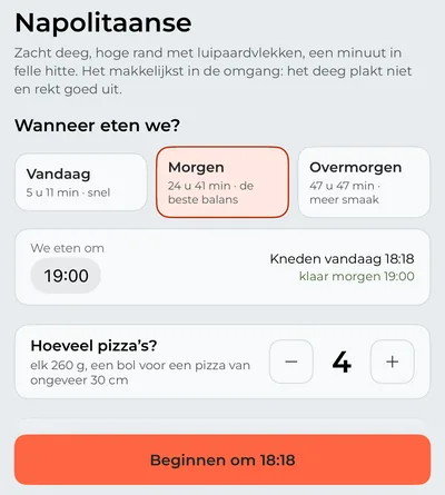 Het tabblad “Pizza”: de Napolitaanse voor het eten van morgen, hoeveel pizza’s en wanneer je begint met kneden.