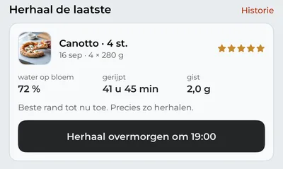 Het tabblad “Pizza” met “Herhaal de laatste”: een Canotto met vijf sterren en de knop die hem opnieuw inplant.