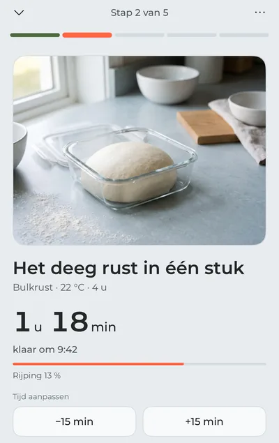 De kookmodus terwijl het deeg rust: een foto van het deeg in de bak, de resterende tijd in grote letters en de knoppen “−15 min” en “+15 min”.