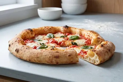 A pizza with a tall, puffy rim; one slice is pulled away to show the open, airy crumb.