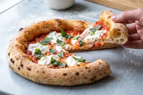 A pizza with a huge, inflated rim; a hand lifts a slice, and the rim is light and open inside.