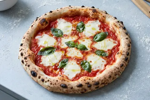 A Margherita seen from above: a puffy rim with dark leopard spots, tomato, melted mozzarella in patches and basil.