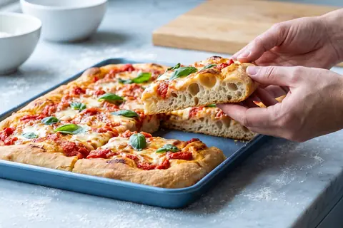 A Roman pizza in a blue tray, cut into rectangles; two hands lift one piece to show the tall, open crumb.