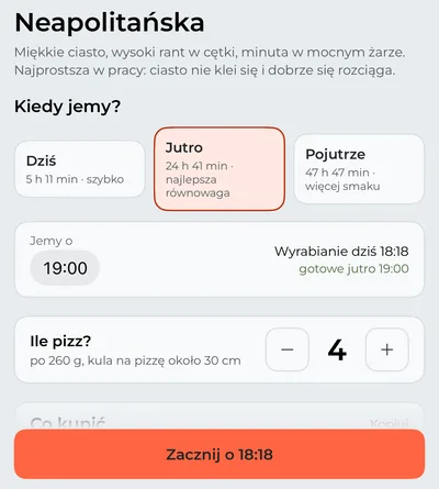 Zakładka „Pizza”: Neapolitańska na jutrzejszą kolację, liczba pizz i godzina rozpoczęcia wyrabiania.