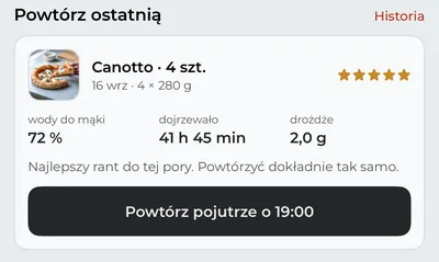 Zakładka „Pizza” z sekcją „Powtórz ostatnią”: Canotto oceniona na pięć gwiazdek i przycisk, który planuje ją jeszcze raz.
