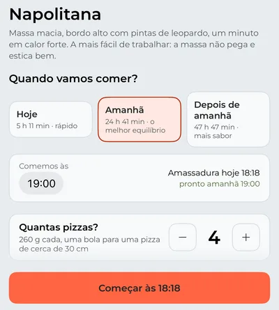 O separador «Pizza»: a Napolitana para o jantar de amanhã, quantas pizzas e quando começar a amassar.
