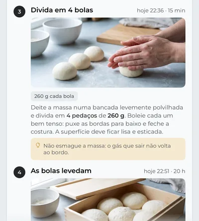 Os passos do plano, cada um com a sua hora e uma foto: a divisão da massa em bolas, o peso de cada bola, como as moldar e uma dica.