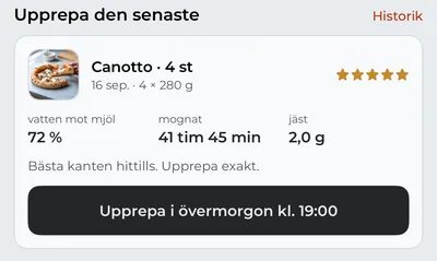 Fliken Pizza med ”Upprepa den senaste”: en Canotto med fem stjärnor och knappen som planerar den igen.