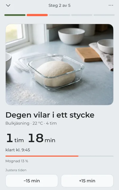 Matlagningsläget medan degen vilar: ett foto av degen i burken, tiden som är kvar i stor stil och knapparna ”−15 min” och ”+15 min”.